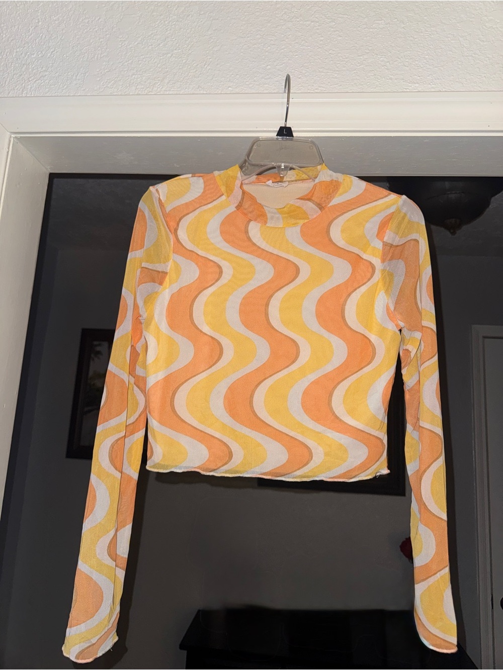 Cotton On Women's Orange Yellow White Wavy Knit Mock Neck Crop Top L/G